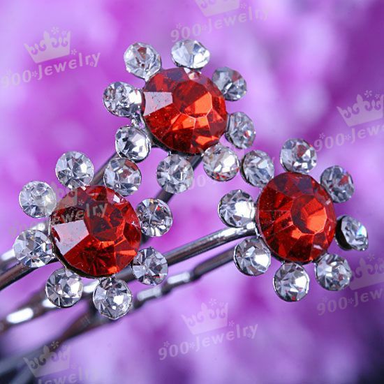 Red Crystal Flower Wedding Bridal Lady Hairpins 10PCS  