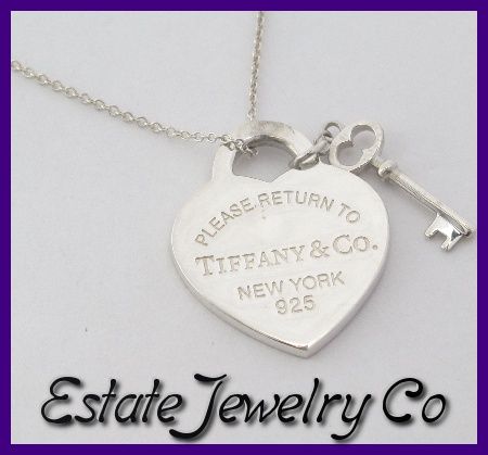 Return to Tiffany & Co Sterling Heart & Key Tag Pendant with Necklace 
