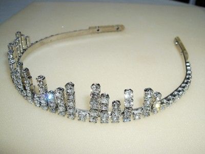 Vintage Art Deco Style Prong Set Clear Rhinestone Tiara Crown Headband