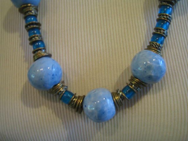 Two toned blue ceramic glass bead brass necklace  