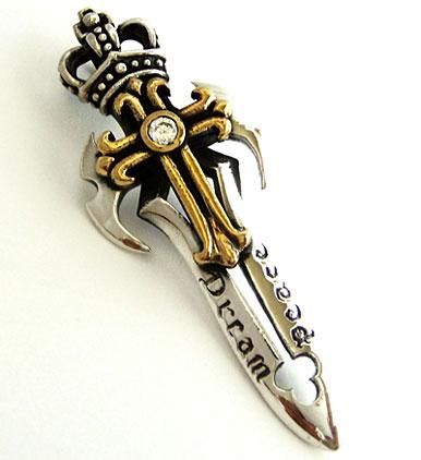 14K GOLD CROSS CROWN SWORD STERLING 925 SILVER PENDANT GOTH GOTHIC 