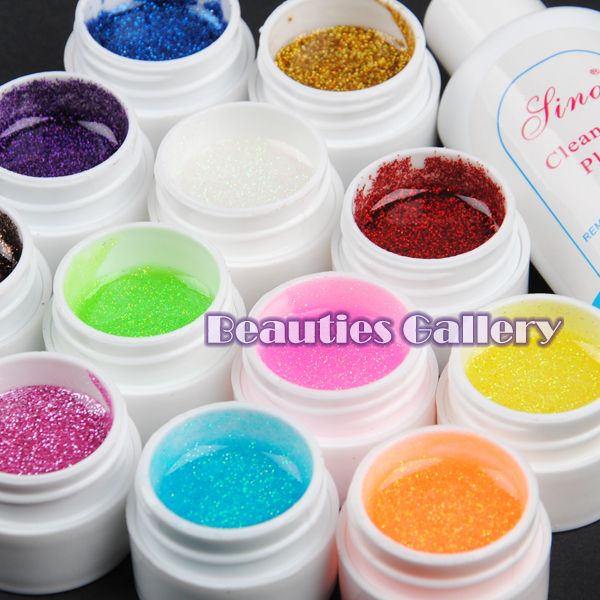   GLITTERY COLOR KIT UV GEL NAIL ART with cleaser plus Set tips 409