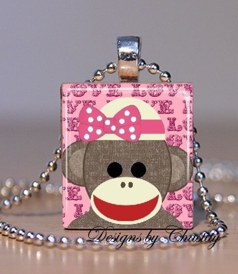 Girlie Pink Sock Monkey Scrabble Charm Pendant Necklace A2  